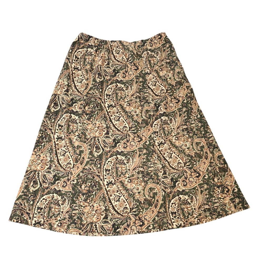 Koret Paisley A-Line Midi Skirt Women's Size 12 Olive Green Tan Elastic Waist